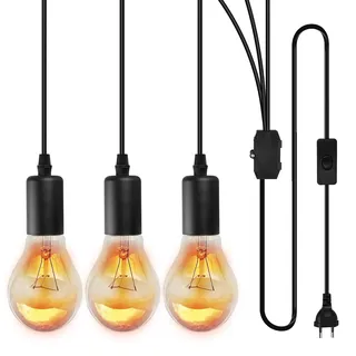 Vegena Hängelampe Mit Stecker Und Schalter, Lampenaufhängung, E27 Pendelleuchten, 3 Flammige Deckenlampe Ideal Für Deckenbeleuchtung Für Esstisch Küche Loft Schlafzimmer Bar Cafes