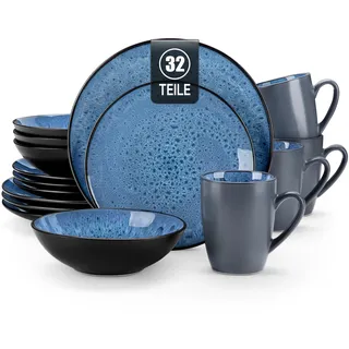 Geschirrset Steinzeug, vancasso BUBBLE 32-tlg Geschirr Set blau, Reaktive Glasur Tafelservice mit Teller Set, Schalen und Tassen Set aus Steingut, für 8 Personen