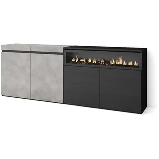 SKRAUT HOME Sideboard, Schrank, Küche, Schrank, Flurmöbel, 200x35x75cm, 4 Türen, Elektrischer Kamin, Moderner Stil, Zementgrau _ 60_15