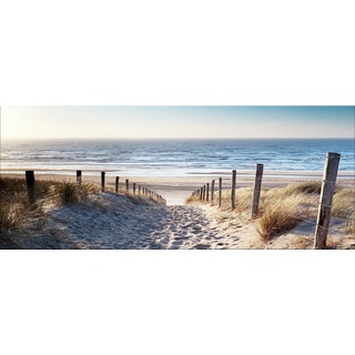 artissimo Glasbild Glasbild XXL 125x50 cm Bild aus Glas Wandbild groß Strand Meer Steg, Strand-Landschaft: Weg zum Meer beige|blau