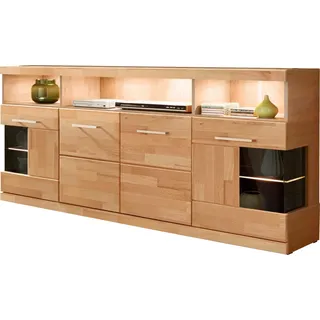 OTTO home Sideboard RIBE20 Fronten massiv,Korpus Melamin, 2 Türen mit Glaseinsatz, B/T/H: 180/35/80cm, 3 offene Fächer und 6 geschlossene, Kernbuche braun