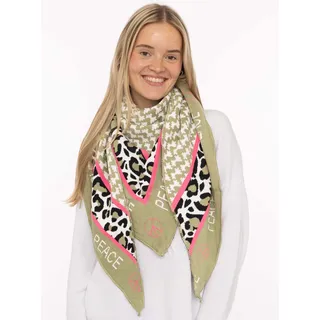 Zwillingsherz Dreieckstuch ZWILLINGSHERZ "Peace", Damen, khaki, Strick, Materialmix, gemustert, mehrfarbig, Modetücher, Schriftzug und Leomuster, wärmend, Strick