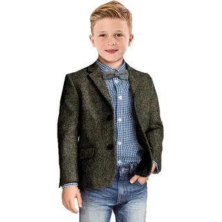 Jungen Blazer Retro Fischgrätenmuster Sport Sakko Formeller Tweed Gemustert Klassische Kinder Jacke für Jungen Hochzeit Casual Jacke, Dunkelgrün, 10 - 10