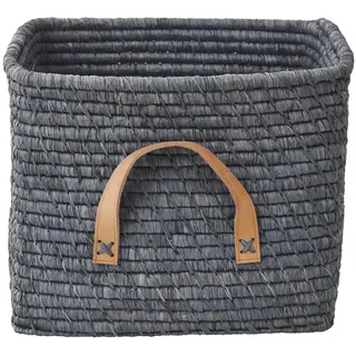 RICE Raffia Aufbewahrungskorb mit Lederschlaufen 30x30x25 cm, L30 x B30 x H25cm, blau