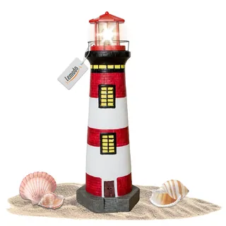 Lemodo Gartendeko Leuchtturm mit Solar 82 cm handbemalte Gartenfigur rot/weiß