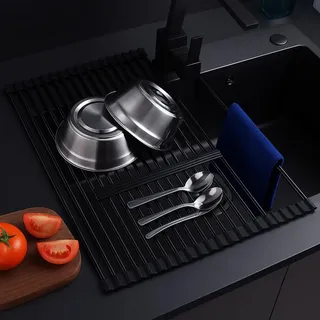 Faizee Home | Abtropfgitter Edelstahl 46×33,5 cm Silber – Faltbares Rollgitter für Spülbecken | Küchenspüle Abtropfgestell & Geschirrabtropfer mit rutschfesten Silikon-Enden (Schwarz)