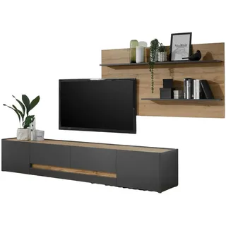 furn.design Wohnwand 2-teilig grau Eiche Wotan 300 cm, Wohnkombination mit XXL Lowboard