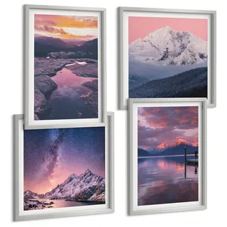 BILDER SET 4er Set - 50x50 cm & 40x60 cm Silberner Rahmen - Berge, Wasser, wunderschöne Landschaften