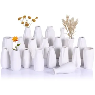 LCCCK Kleine weiße Vasen, Set mit 20 Stück, für Tischdekoration und Hochzeit, Keramik, bemalbar, Boho-Mini-Einzelblumenvase, Japandi-Design