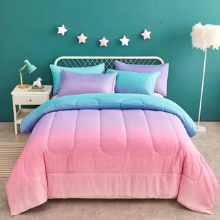 Yogeneg Meerjungfrau-Regenbogen-Bettwäsche-Set, Doppelgröße, für Teenager, Mädchen, Damen, metallisches Stern-Mond-Motiv, Steppdecke mit Kissenbezug, alle Jahreszeiten (Regenbogen B, Twin)