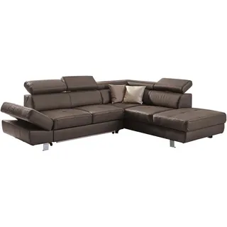 Stylife Ecksofa, Dunkelbraun, Metall, Kombination Echtleder/Lederlook, Rindleder, 4-Sitzer, Ottomane rechts, L-Form, 265x212 cm, Goldenes M, Lederauswahl, Stoffauswahl, seitenverkehrt erhältlich, Bettfunktion Hocker Rücken echt, Wohnzimmer, Sofas & Couches, Wohnlandschaften, Ecksofas