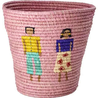 Rice, Spielzeugaufbewahrung, Raffia Round Basket with People and 3D Details - Pink
