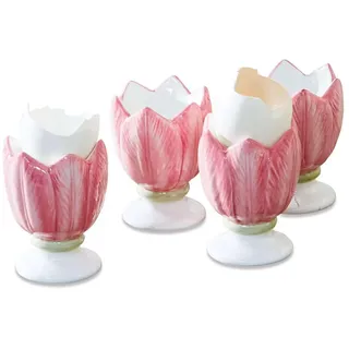 LOBERON Eierbecher 4er Set Mireille, Tulpenform, von Hand bemalt, Tischaccessoires, Osterbrunch, Ostertafel, Frühstückstisch, Tafelschmuck, Steingut, rosa