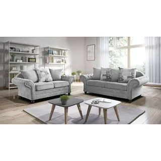 Easy4You Nicola Chesterfield Style Silber 3-Sitzer-Sofa + 2-Sitzer-Sofa Sofas für Wohnzimmer Sofagarnituren Chesterfield 3- und 2-Sitzer Set Sofas & Couches