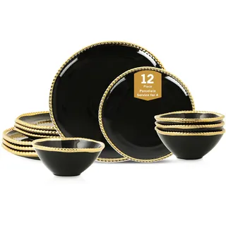 Christian Siriano Akoya Porzellan Geschirrset 12-teilig - Geschirrset für 4, Teller und Schalen Set, Schwarz und Gold