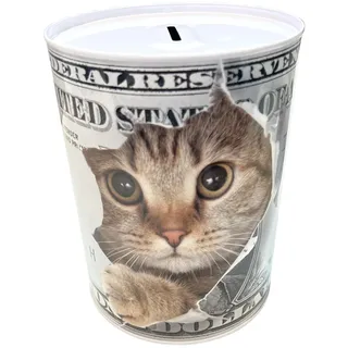 Spardose aus Blech groß 12x9 cm Katzen-Dollar-Schein Geschenk für Erwachsene