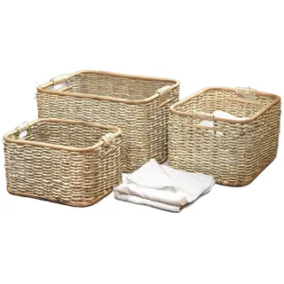 Dekoleidenschaft Aufbewahrungskorb aus Rattan & Schilfstroh, groß, 46x36x28 cm, Wäschekorb