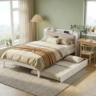 Funktionsbett 120x200cm aus Holz in Weiß mit Ausziehbett 90x190cm, gepolstertem Kopfteil und Ladestation für Kinderzimmer, Jugendzimmer oder Gäs...