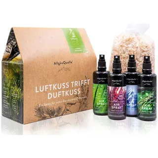 AllgäuQuelle® Bio Airspray-Set mit 100% Bio-Duftölen. ✓ Allgäuer Erfrischung ✓ Allgäuer Naturluft ✓ Allgäuer Atemwohl ✓ Allgäuer Nachtruhe inkl. Bio-Duft-Säckchen | Natürliches Bio Raumduft-Set