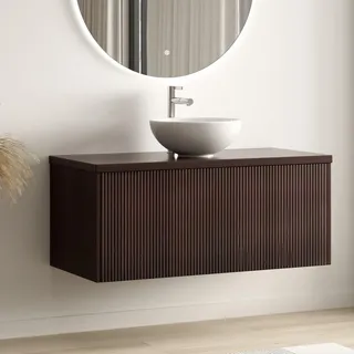 LOMAZOO Badezimmermöbel Walnuss gerippt 100 cm - Weißes Waschbecken - Unterschrank - Waschbeckenmöbel - Schwebender Waschbeckenunterschrank [MES... - Dunkelbraun