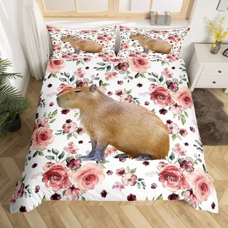 Homewish Wilde Capybara Bettbezug 135x200 Romantische Rose Blume Bettwäsche Set, Rote Blumen Tröster Abdeckung Nette Tier Thema Bett Set, Grüne Blätter Bettwäsche Tier Liebhaber