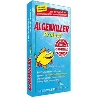 ALGENKILLER Protect® - Der Algenenferner für den Teich. Algen und Grünbelag abbau mit Synergieeffekt verbessert die Pumpen- und Filterleistung. Optimaler Oberflächenschutz mit Langzeitwirkung.