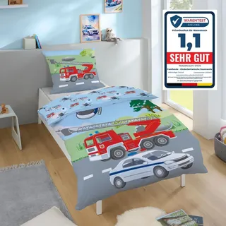 Bettwäsche Set für Jungen mit Polizei Auto Hubschrauber Feuerwehr Motiv · Kinderbettwäsche 135x200 80x80 cm aus 100% Baumwolle Renforce / Linon... - Blau/Bunt