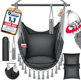 KESSER® Hängesessel mit 2 Kissen Getränkehalter & Bücherfach - Safari XXL Hängestuhl für Erwachsene & Kinder Hängematte bis 150 kg Hängesitz Aufhängung Indoor & Outdoor Wohn & Garten Terrasse