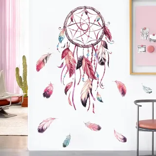 Traumfänger-wandaufkleber, Blumen- Und Feder-wandaufkleber Für Wohnzimmer, Schlafzimmer, Babyzimmer, Kinderzimmer, Wanddekoration Für Kinder (96 Cm X 48,5 Cm)