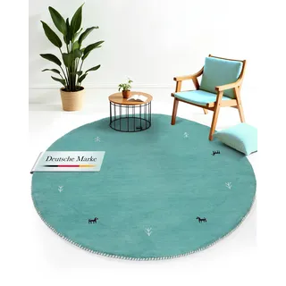 carpetfine Wollteppich CARPETFINE "Gabbeh Uni", blau (türkis), H:15mm Ø:200cm, Wolle, Teppiche, reine Wolle handgewebt, Gabbeh Tiermotiv warmes Raumklima viele Größen