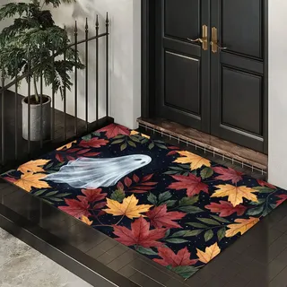 Fußmatte Innen 40 x 60 cm, Rutschfest Waschbar Fußabtreter Halloween-Szene Dünn Eingangsteppich Geister Herbstblätter Sternenhimmel Schmutzfangmatte Aus Kurzflorgewebe für Eingang, Haustür,Dunkelblau