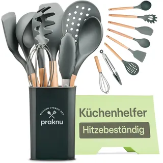 Praknu Küchenutensilien Silikon 8-teilig – Kochlöffel Set – Küchenhelfer | Hitzebeständig & schonend zu beschichteten Pfannen, lebensmittelecht, robuster Holzgriff mit Öse, in Grau, Kochbesteck