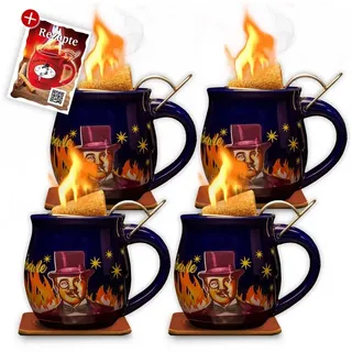 Feuerzangentasse Bowle-Set Feuerzangentasse 4er-Set (Feuerzangenbowle Set, 9-tlg., 4x Feuerzangentasse, 4x Korkuntersetzer, 1x Rezeptheftchen), hitzebeständige Keramik, Edelstahl-Feuerzange blau