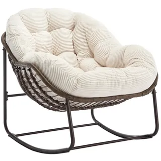 SeedWave Schaukelstuhl Übergrößen mit Handgewebtem Rattan, 15cm Kordstoff Gepolstertem Kissen, Eiförmiger Schaukelsessel mit rutschfester Basis, Stahlgestell weiß