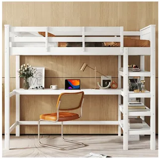 STILVORA Hochbett 90x200 mit schreibtisch,Kinderbett mit Ablagefächern,ohne matratze (Gästebett Jugendbett Holzbett mit Ablagefächern und Unterbettschreibtisch, 90 x 200 cm) Ohne Matratze