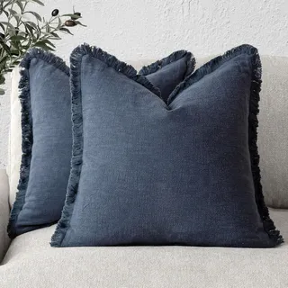 Bebusingoto Set Aus 2 Dekorativen Leinenkissenbezügen Mit Fransen Im Bohème-stil, Mit Quasten, Für Sofa, Bett, Wohnzimmer, Heimdekoration, 45 X 45 Cm, Marineblau