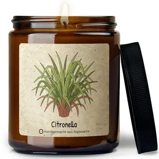 ﻿Sojawachs Citronella Duftkerze Outdoor mit natürlichem Citronellaöl - Anti Mücken Kerze für Garten, Terrasse & Balkon - Handmade in Berlin - 70h Brenndauer (Pflanze)