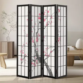 Vevor 4-teiliger japanischer Raumteiler faltbarer Sichtschutz aus Holz Indoor, Trennwände mit Kirschblütenmalerei tragbare Dekorationsschirme zur Raumtrennung für Restaurant & Schlafzimmer