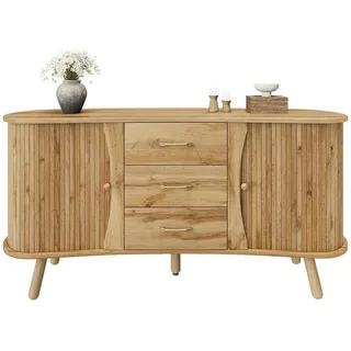 Refined Living Sideboard Erbsenförmiges Sideboard, Schiebetür, Rillenoptik, 150cm, Stauraum (Natural dunkel, 150×36,5×75 cm, Erbsenform Sideboard, Rillenfront Design, 2 Schiebetüren + 3 Schubladen, höhenverstellbare Einlegeböden, 1 St., MDF stabil + Massivholzbeine, Modern / Wabi-Sabi / Skandi Möbel), für Wohnzimmer Flur Esszimmer Stauraum platzsparend beige