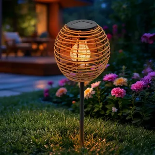 Solar Beetstecker Kugel in Rattan Optik mit LED Glühbirne - 52 x 15 cm - Garten Dekostecker warm weiß beleuchtet - Gartenstecker Solarleuchte Gartenlicht Garten Deko Beleuchtung Balkon Terrasse