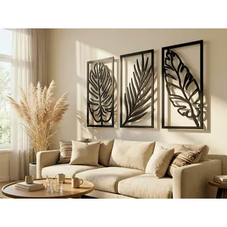 VAILLA Palmblätter Bilder, 3D Wanddeko, Tropisches Blätter Dekor, Große 3er-Set Wanddekoration aus Holz, Boho Wohnzimmer Wandbilder, Home Wall Art Dekoration