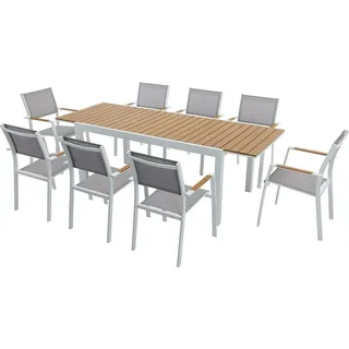 Gartenmöbel-Set für den Essbereich aus Aluminium und Polywood – ausziehbarer Tisch, Länge 170/230 cm, und 8 stapelbare Stühle – Naturfarben... - Weiß