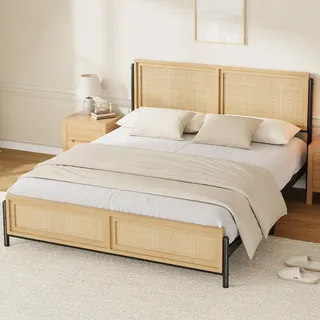 Thaookte Bettrahmen Metallbett Gästebett Bettgestell Aus Metall Mit Rattan-Kopf- Und Fußteil, Stabile Konstruktion, Leiser Und Einfacher Aufbau, Großer Stauraum, Ohne Boxspring, Naturholzfarbe