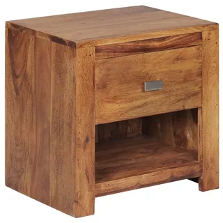 KADIMA DESIGN Nachttisch MUMBAI aus Sheesham Massiv-Holz 40 x 40 x 30 cm, Nacht-Kommode braun mit 1 Schublade und 1 Ablagefach, Nachtschrank Landhaus-Stil