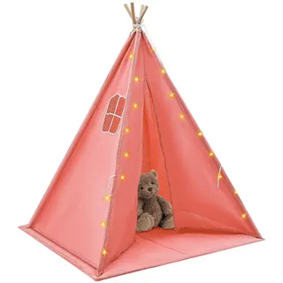 Tipi Zelt für Kinder, Baumwolle Kinderzelte 120 * 120 * 140cm Kinderzimmer Spielzelt mit Lichterkette und Matte, Teepee Kinderzelt für 1-3 Jungen & Mädchen (Rosa)
