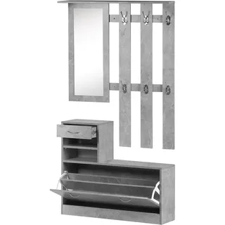 Garderoben-set 3-in-1 Mit Spiegel & Schuhbank, Flurgarderobe Mit Wandpaneel & 6 Kleiderhaken, Schuhschrank Mit Verstellbarem Regalboden - Betonoptik Grau