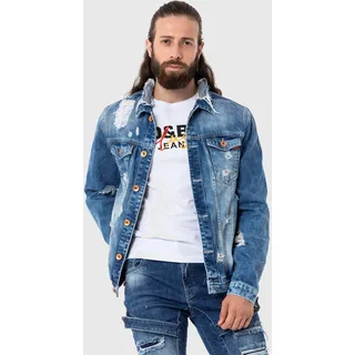 Jeansjacke CIPO & BAXX "Jacke", Herren, Gr. L, blau, Stoff, 100% Baumwolle, unifarben, regular fit normal, Jacken Jeansjacke, im destroyed Look