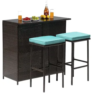 Calma Lux® Polyrattan Gartenbar Set Gartenmöbel Sitzgruppe Rattan Bar Tresen Theke Tisch Barset Bartisch Stehtisch Gartentheke Barhocker Bar-Stuhl Sitzgruppe (Braun&Blau-Grün)