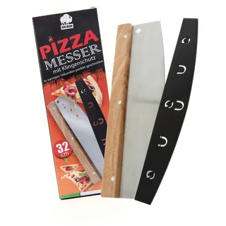 BigDean Pizzaschneider Pizzamesser mit Klingenschutz 32cm Edelstahlklinge - Pizza Wiegemesser, Wellenschliff, Ohne Drücken, Ohne Quetschen braun|silberfarben