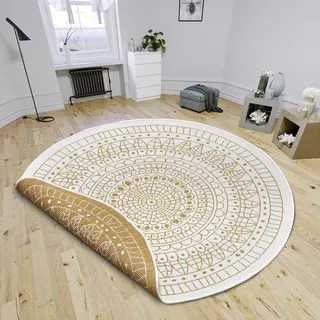 Hanse Home Northrugs Porto In- und Outdoor Teppich Rund – Runder Wendeteppich Wasserfest Mandala Design Flachgewebe Teppich Wetterfest für Balkon, Terrasse, Garten, Wohnzimmer in Ocker, ⌀200cm